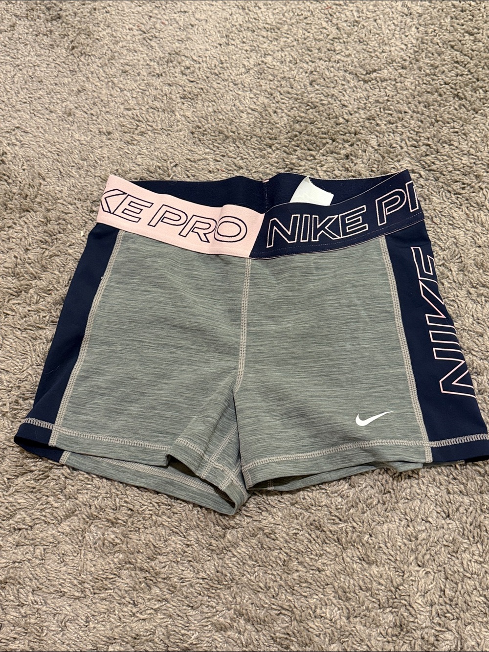 Nike Women's Grey Athletic Shorts with Navy Panels & Pink Waistband